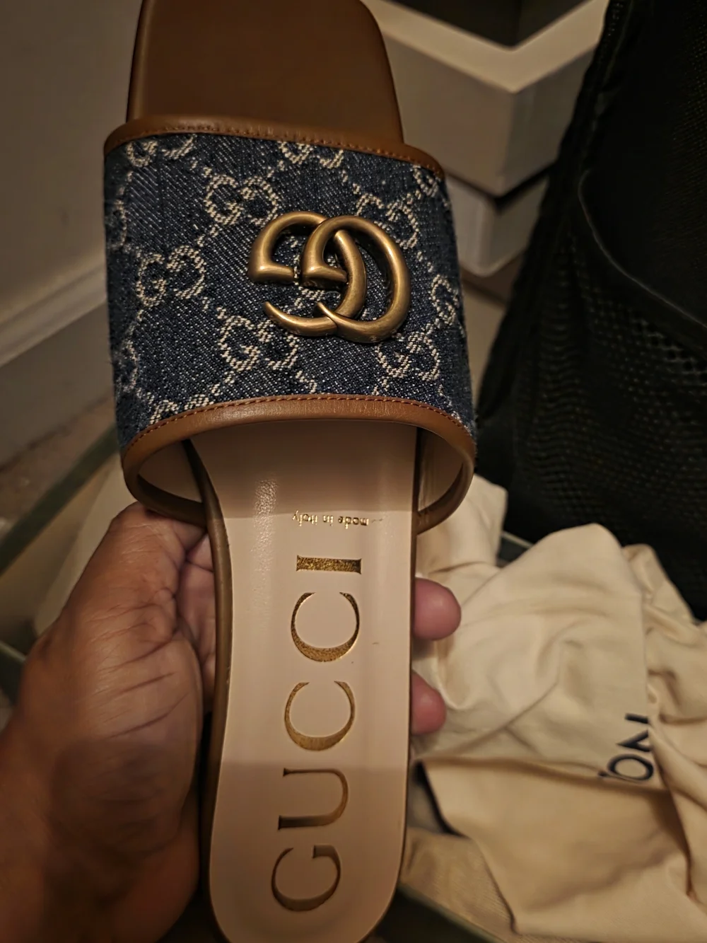 Gucci Denim GG Slide with Gold Double G and Brown Trim - Picture 1 of 2
